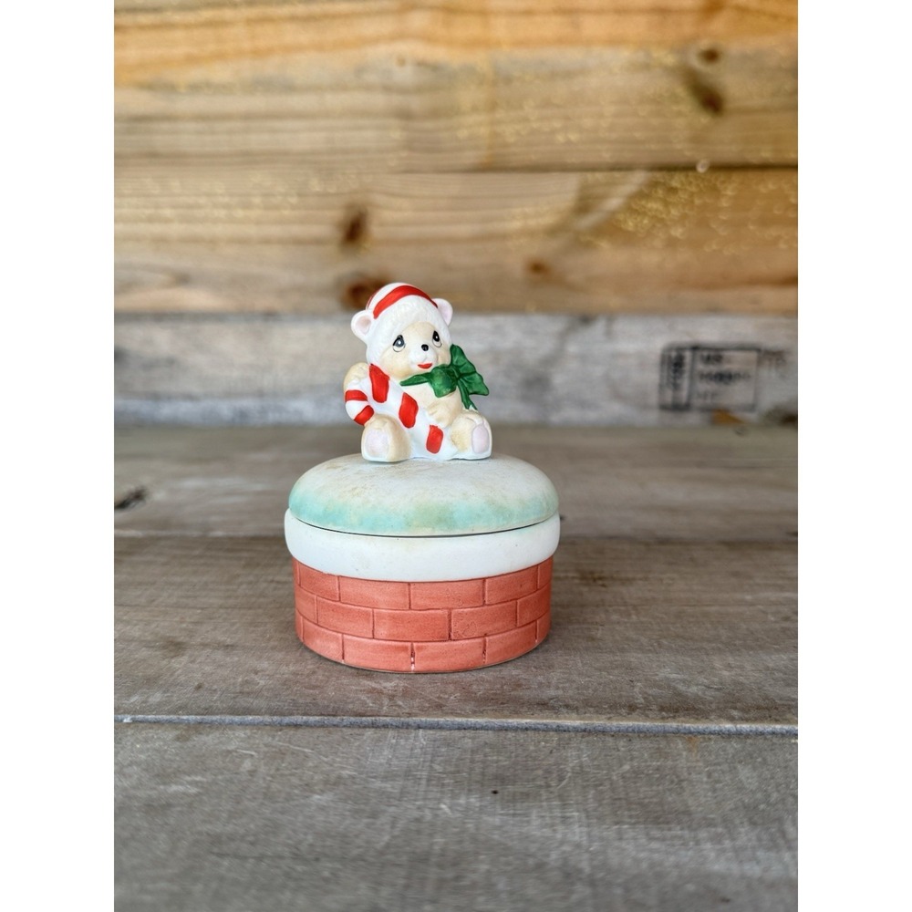 Vintage Porcelain Christmas Bear Candy Cane Snow Chimney Covered Trinket Dish